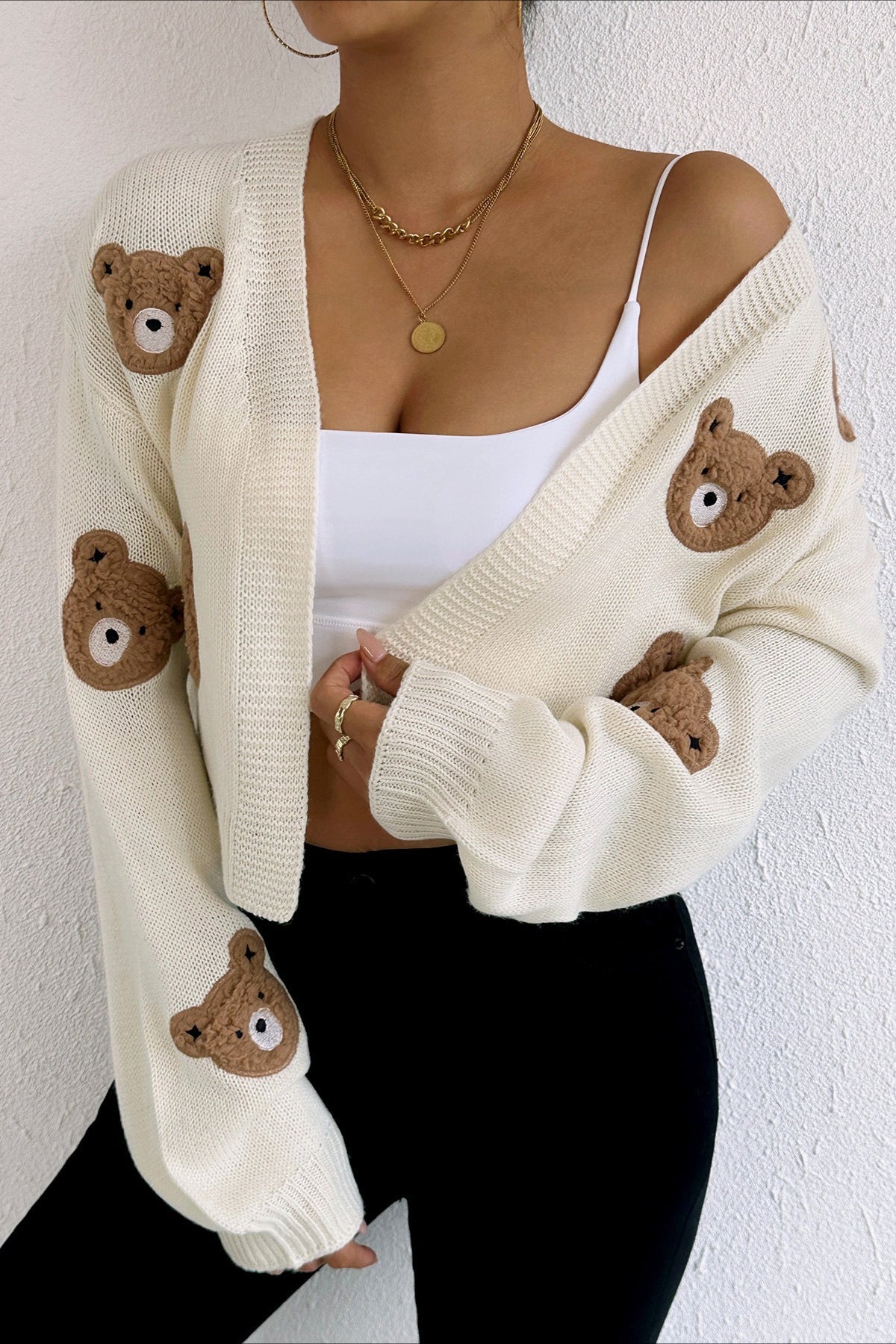 Bear Embroidery Short Cardigan
