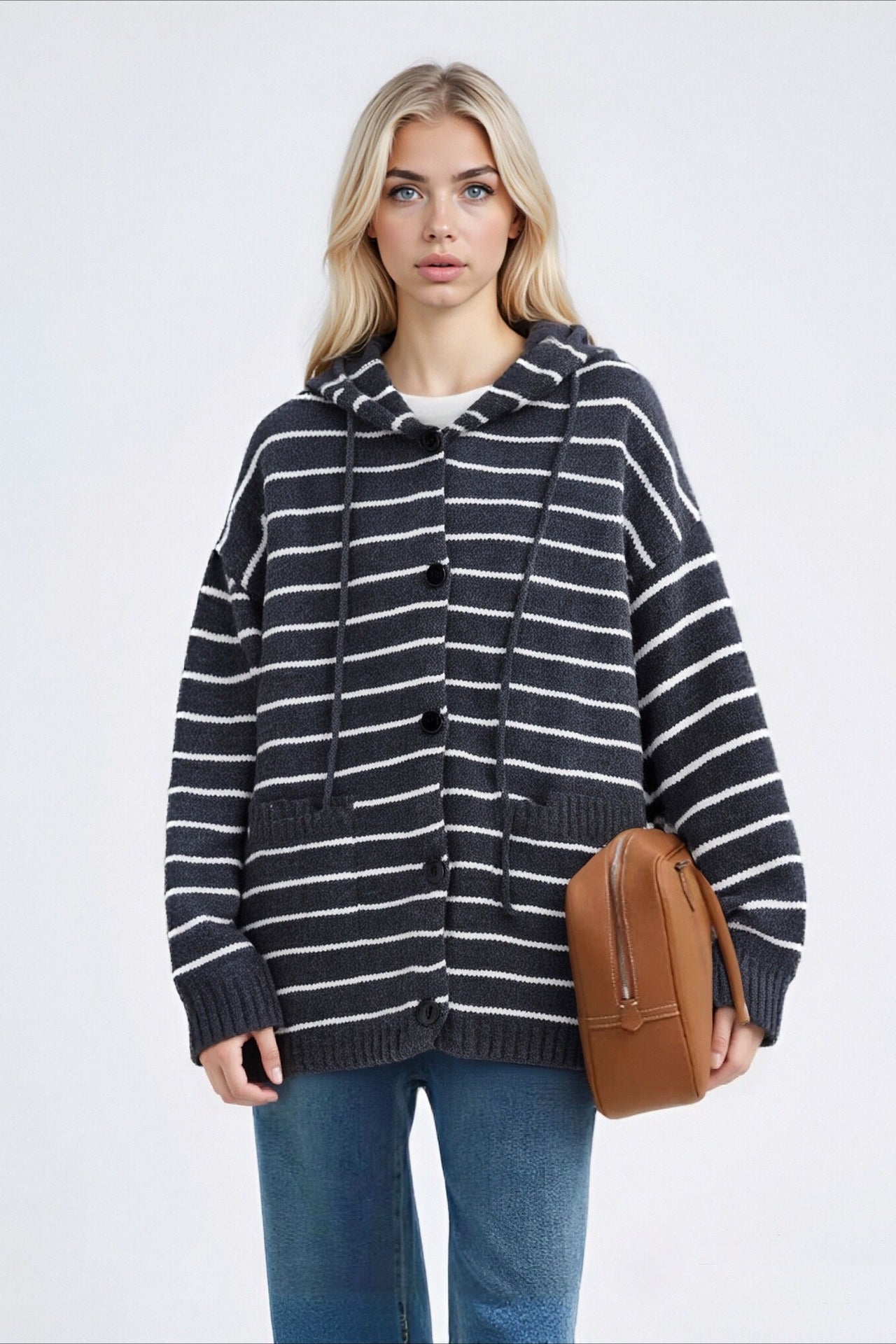 Stripe Hooded Retro Drawstring Pocket Plus Size Knit Cardigan
