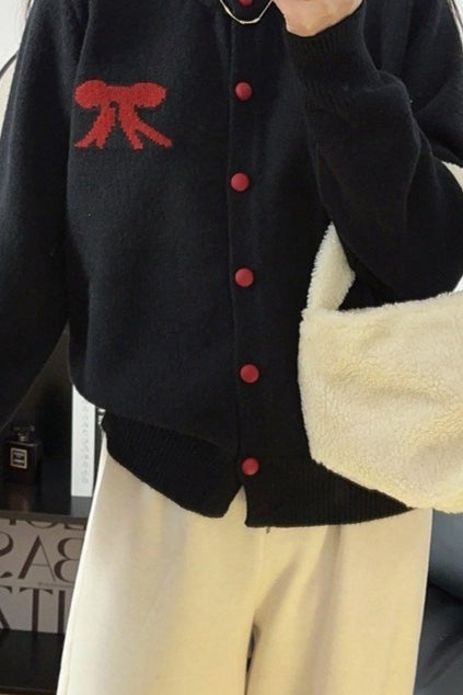 Soft Bow Jacquard Round Cardigan