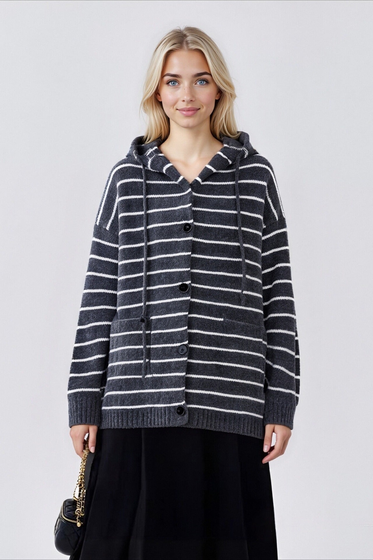Stripe Hooded Retro Drawstring Pocket Plus Size Knit Cardigan